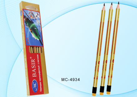 Карандаш чернографитный. Деревянный, заточенный, трёхгранный, с ластиком. Золотистый с точками