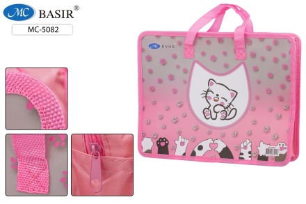 Папка для тетрадей. А4. Пластиковая на молнии "ЛАПКИ". 33,5*26,5 см. Корешок 8 см. С тканевыми ручками.