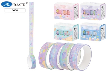 Скотч декоративный. "КОСМОС". Ширина 15 мм, Дл. 2 м. Бумажный, цветной, с рисунком. Ассорти. В упаковке 4 шт.