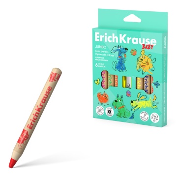 Цветные карандаши деревянные ErichKrause Baby Jumbo утолщенные круглые, грифель 8 мм, 6 цветов c точ