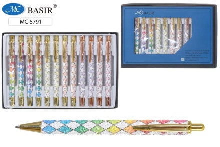 Ручка металлическая автоматическая. Корпус с рисунком "ромбики", цв.крошка, клип и наконечник цв.золота и бронзы