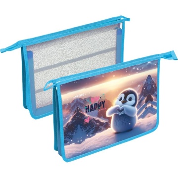 Папка д/труда А4 (337*243*80) 2отд. молния сверху, пластик" Happy Pinguin" конгр.тиснение