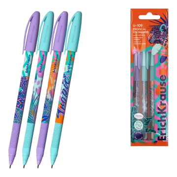Набор из 4 ручек шариковых ErichKrause U-109 с резиновым хватом Жаркие тропики 1.0, технология ультр