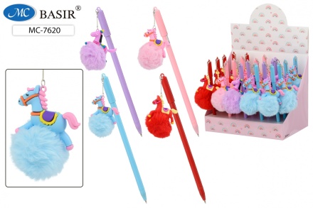 Шариковая ручка: "ЛОШАДЬ ПУШИСТИК"; цветной пластиковый корпус .ассорти., колпачок со съёмным брелоком .8 см., цвет чернил -синий.