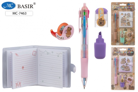 Блокнот на кнопке + 4-цв.ручка + мини-текстмаркер + диспенсер с ярким скотчем. Набор подарочный детский. "КАПИБАРА". 19,7*11 см